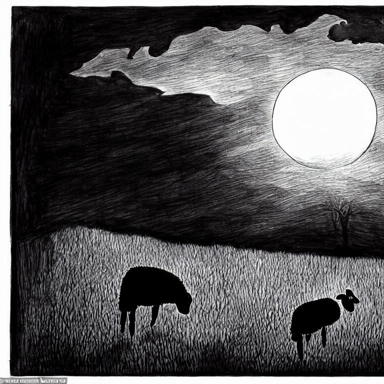 Monochromatic sketch of sheep grazing under radiant moon