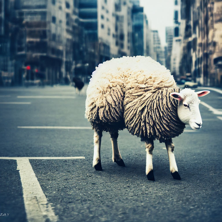 Sheep in urban street surrounded by buildings