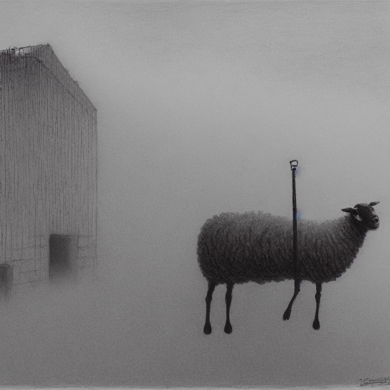 Surreal illustration of sheep with elongated legs by street lamp