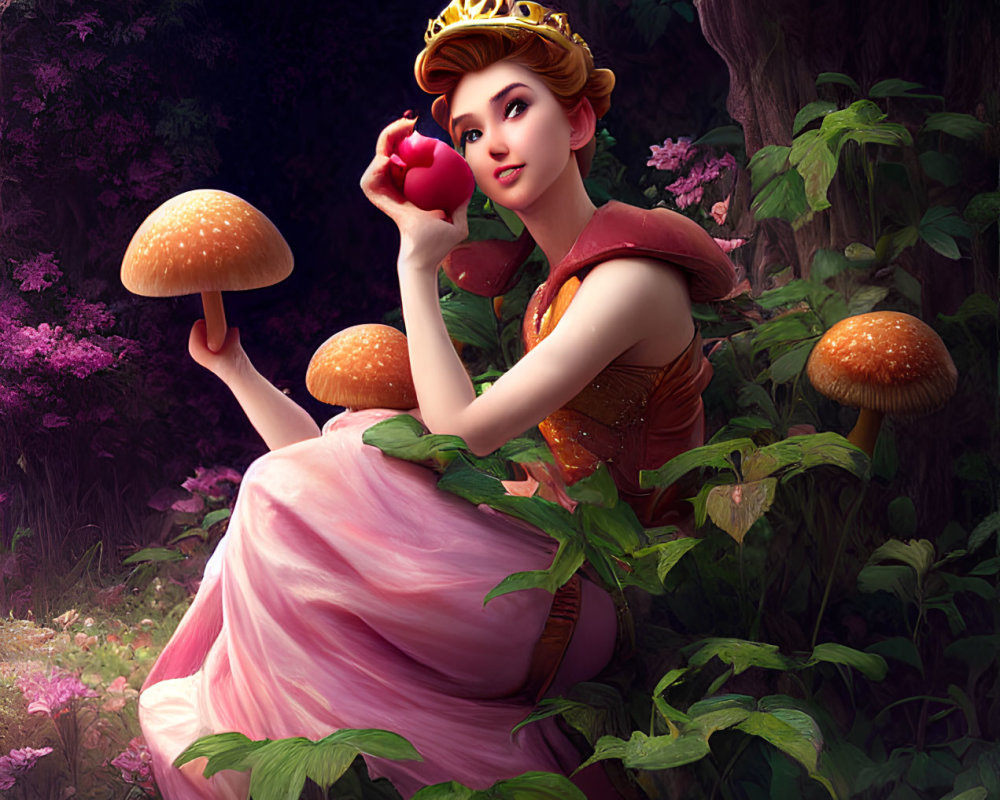 Young woman with crown on giant mushroom in mystical forest holding red apple