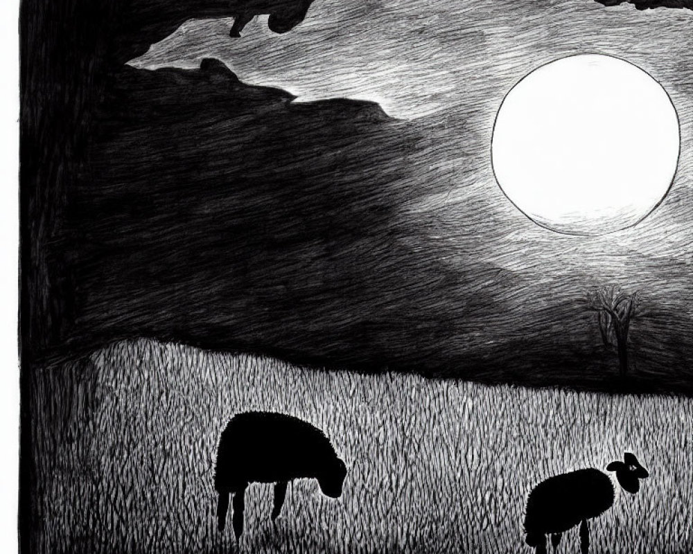 Monochromatic sketch of sheep grazing under radiant moon