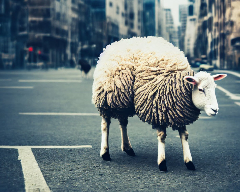 Sheep in urban street surrounded by buildings