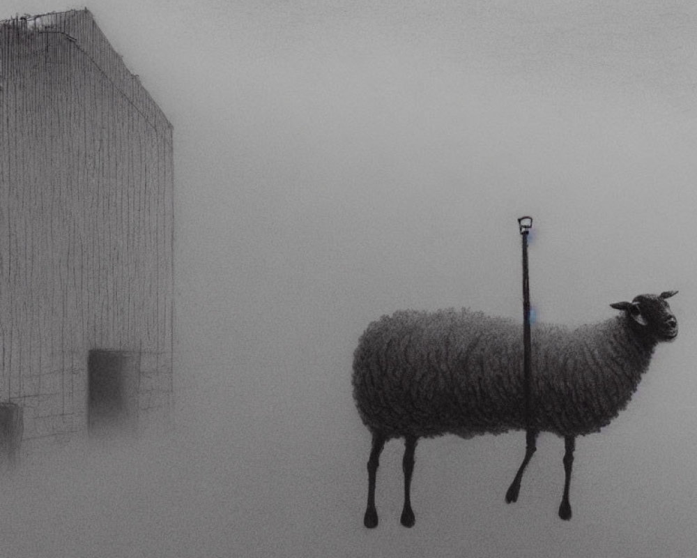 Surreal illustration of sheep with elongated legs by street lamp