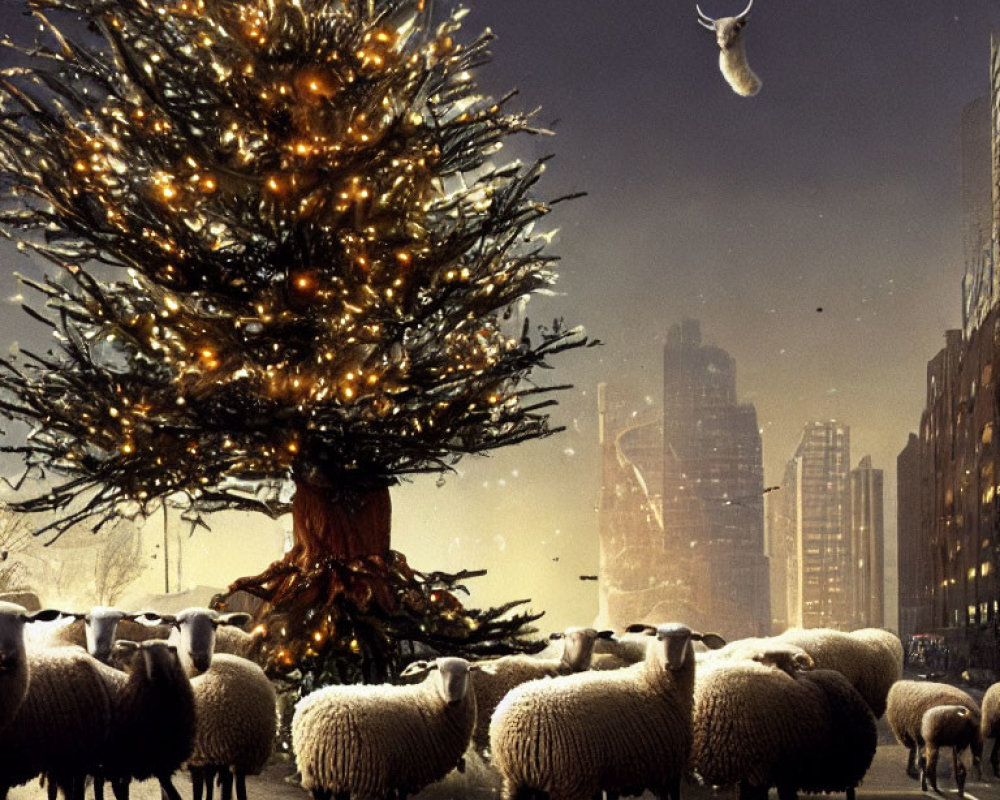 Sheep admiring Christmas tree in city street at night.