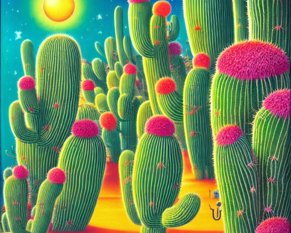 Desert Scene Painting with Green Cacti and Pink Blooms