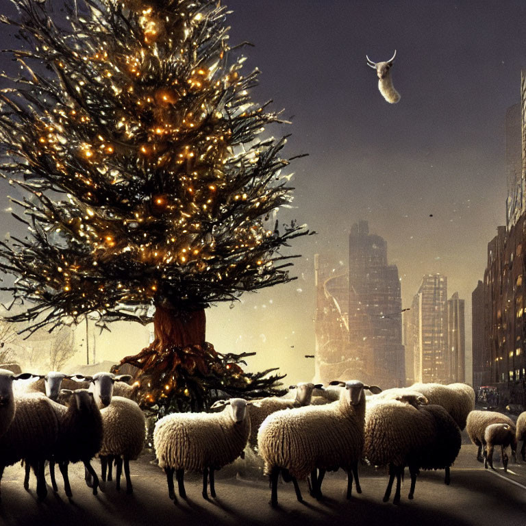 Sheep admiring Christmas tree in city street at night.