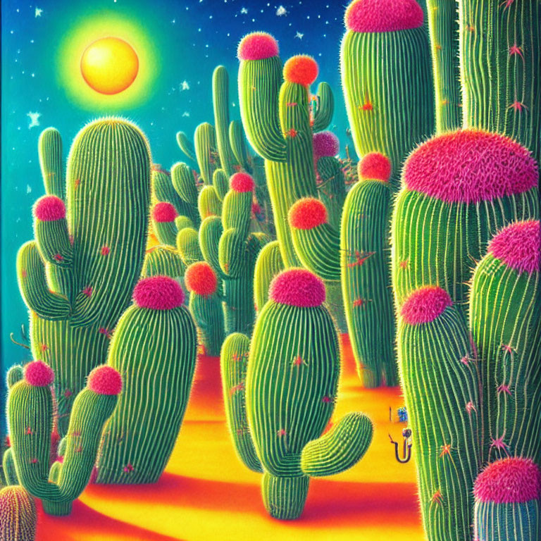 Desert Scene Painting with Green Cacti and Pink Blooms