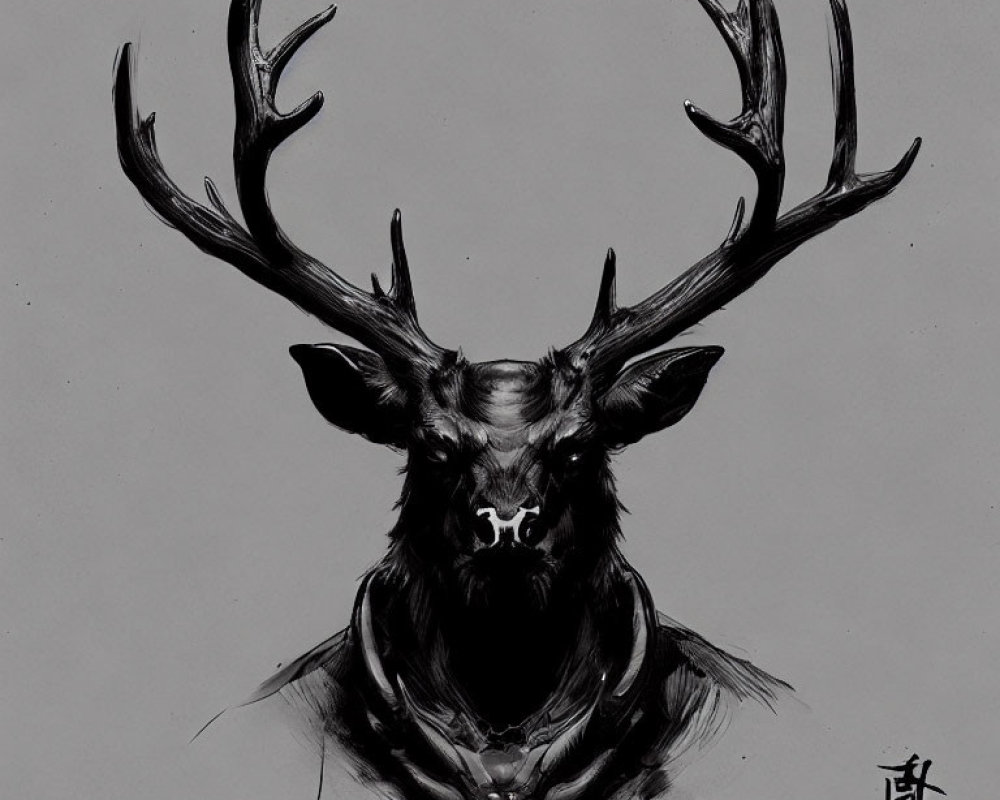 Detailed Monochromatic Deer Sketch with Prominent Antlers