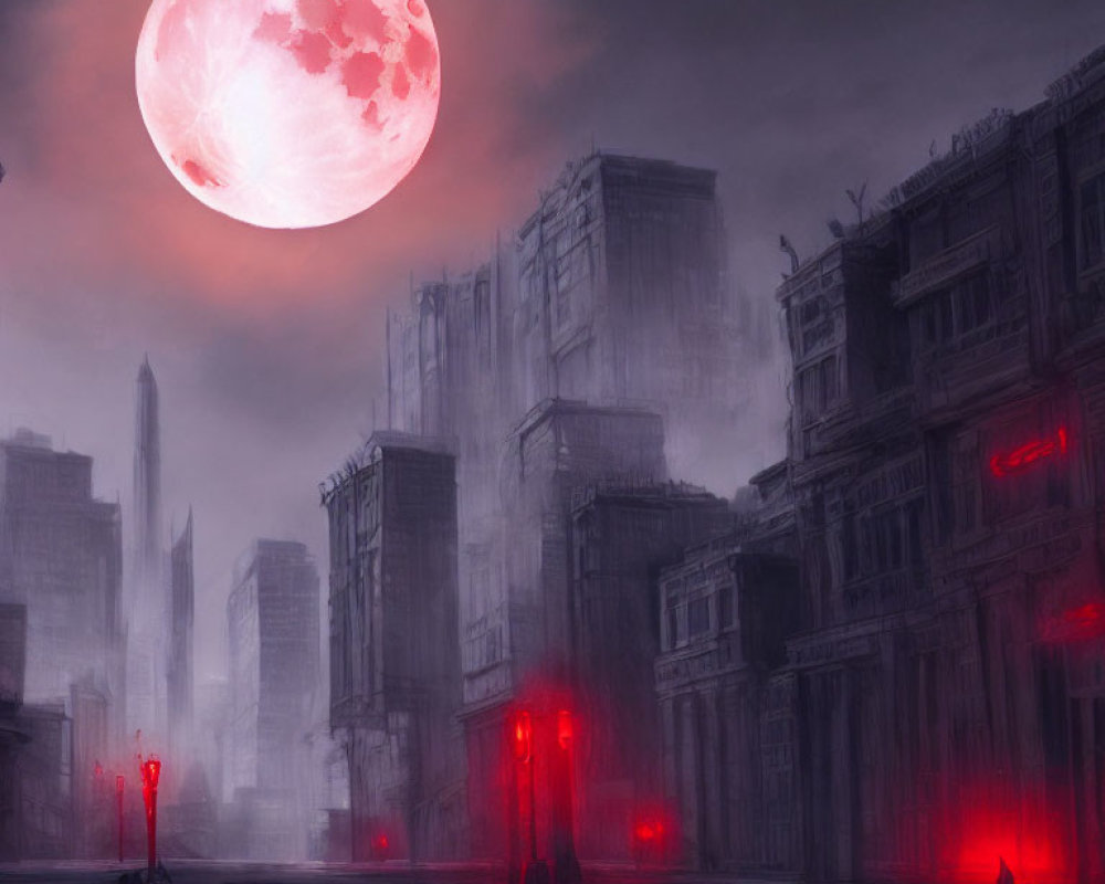 Dystopian cityscape at night with mist, red lights, and pink moon