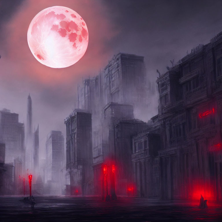 Dystopian cityscape at night with mist, red lights, and pink moon