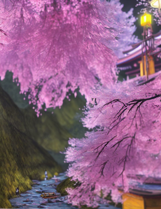 Tranquil stream with pink cherry blossoms and lantern-lit pathway at dusk