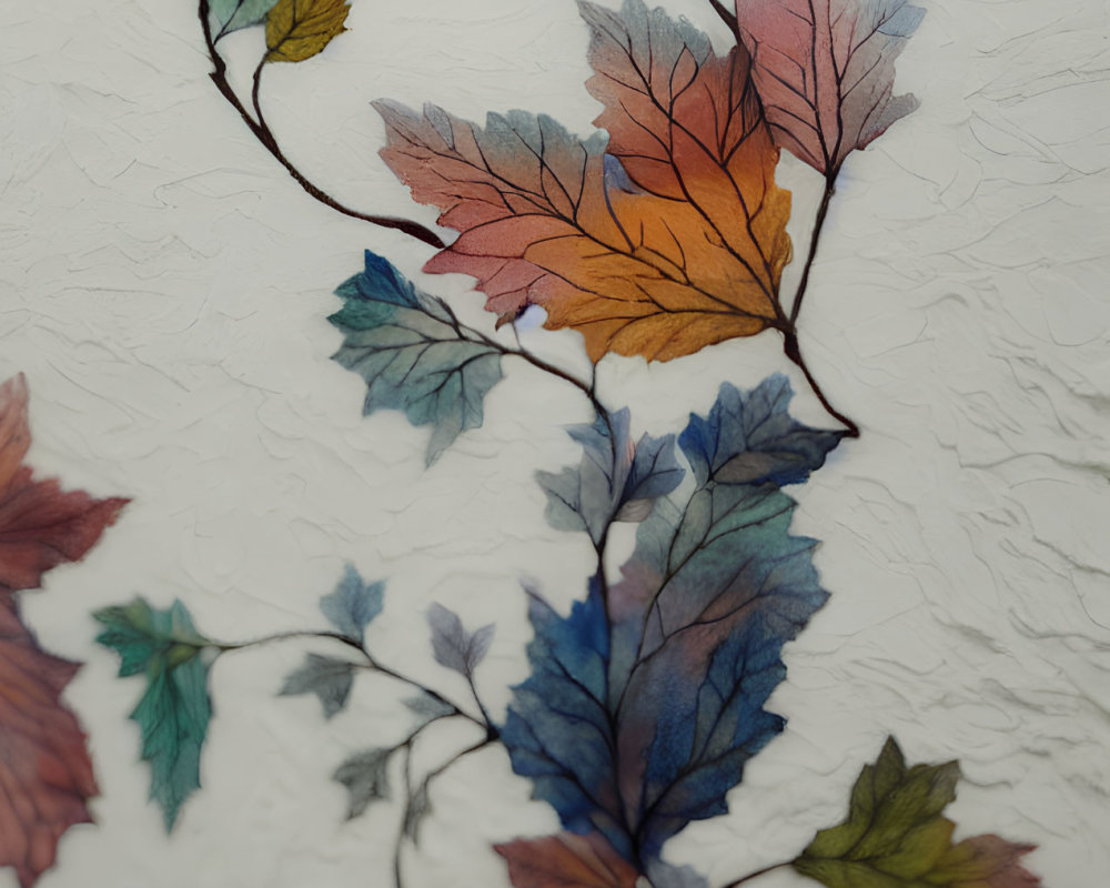 Vibrant colorful leaves on textured white background