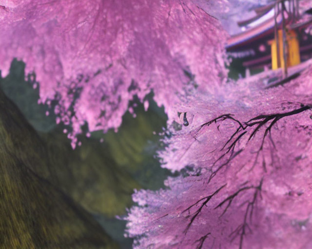 Tranquil stream with pink cherry blossoms and lantern-lit pathway at dusk