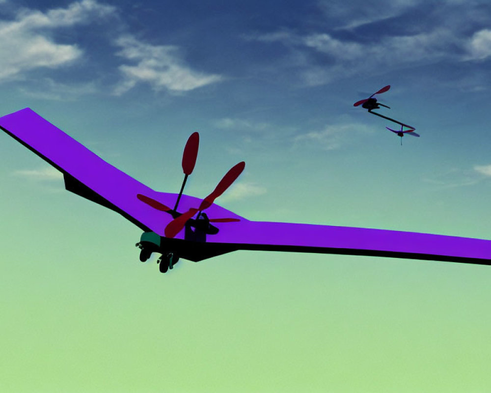 Purple glider and red propeller aircraft in teal sky gradient