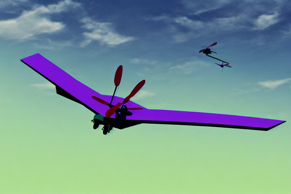 Purple glider and red propeller aircraft in teal sky gradient