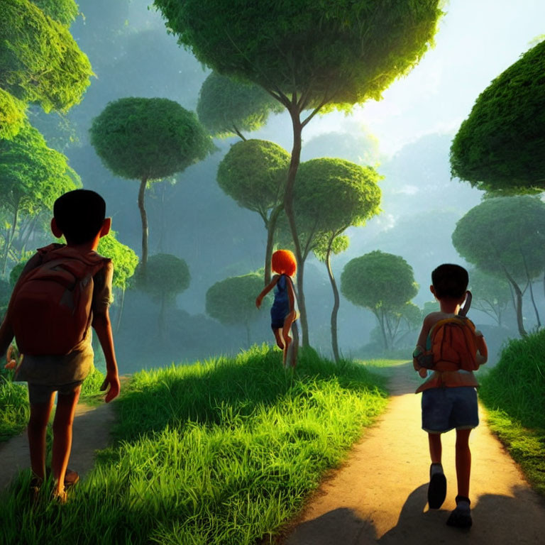 Three Children Walking in Sunlit Forest Path