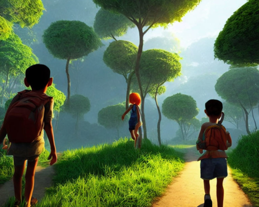 Three Children Walking in Sunlit Forest Path