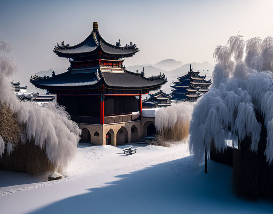Traditional Asian architecture in serene winter landscape
