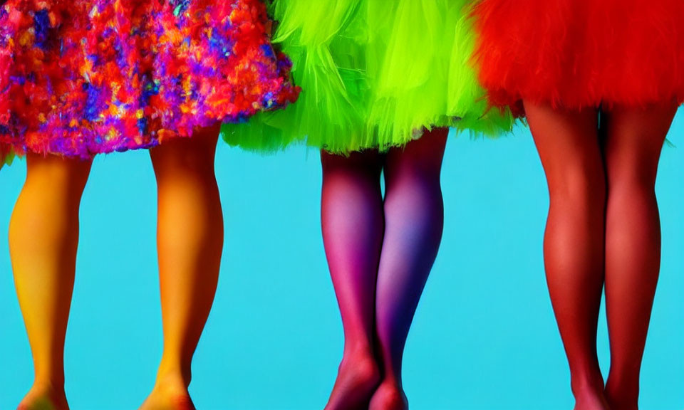 Three people in colorful tutus and vibrant tights on blue background