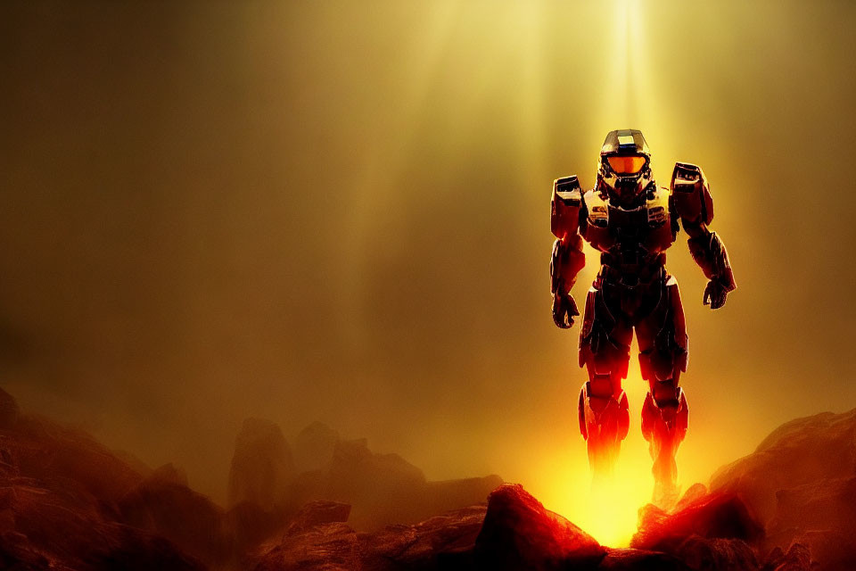 Futuristic armored figure on rocky terrain under dramatic light