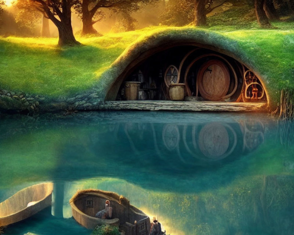 Tranquil Fantasy Landscape with Round-Doored Hobbit-Style House