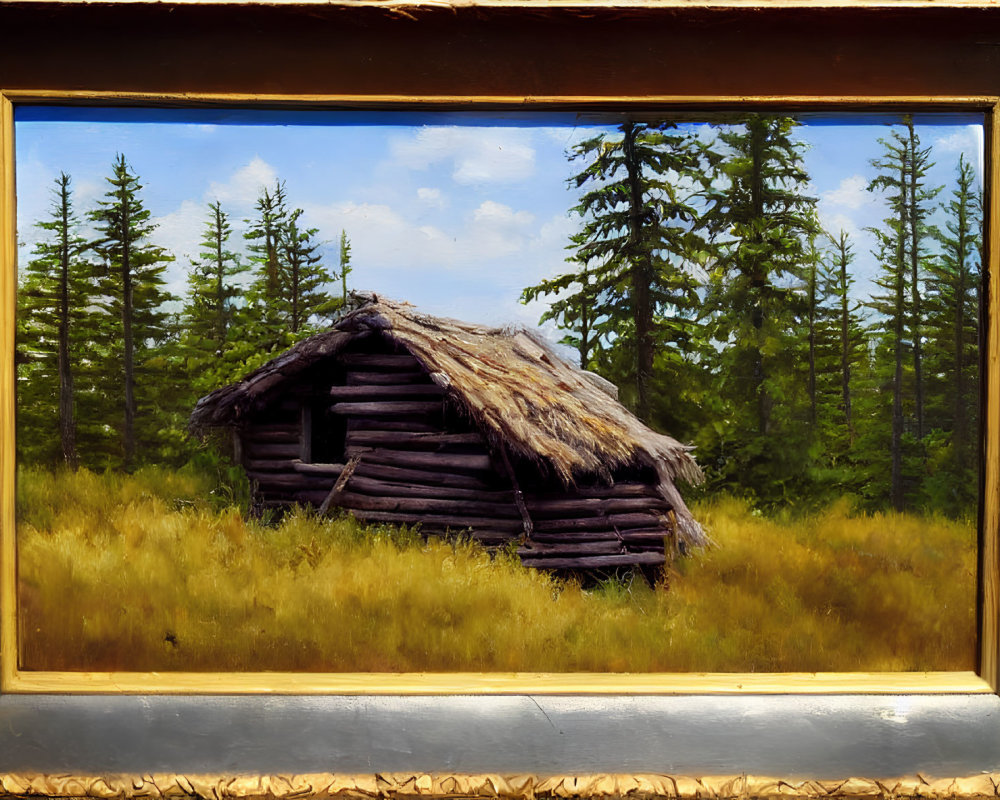 Dilapidated wooden cabin in golden frame with evergreen trees