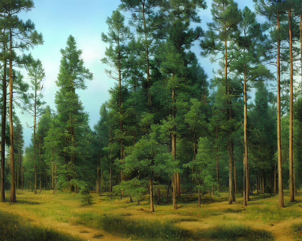 Serene forest landscape with tall pine trees and soft light