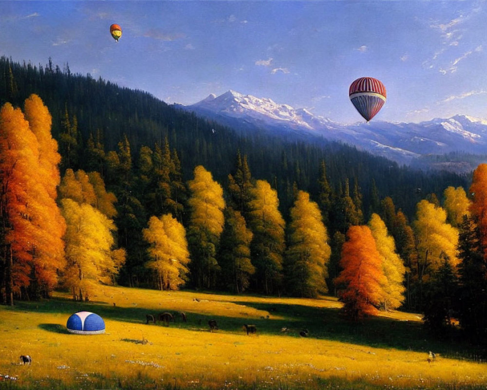 Tranquil landscape with autumn forest, hot air balloons, tent, and snowy mountains