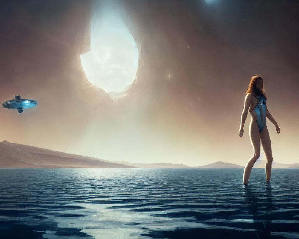 Woman standing on alien planet with ringed celestial body and spacecraft in dusky sky