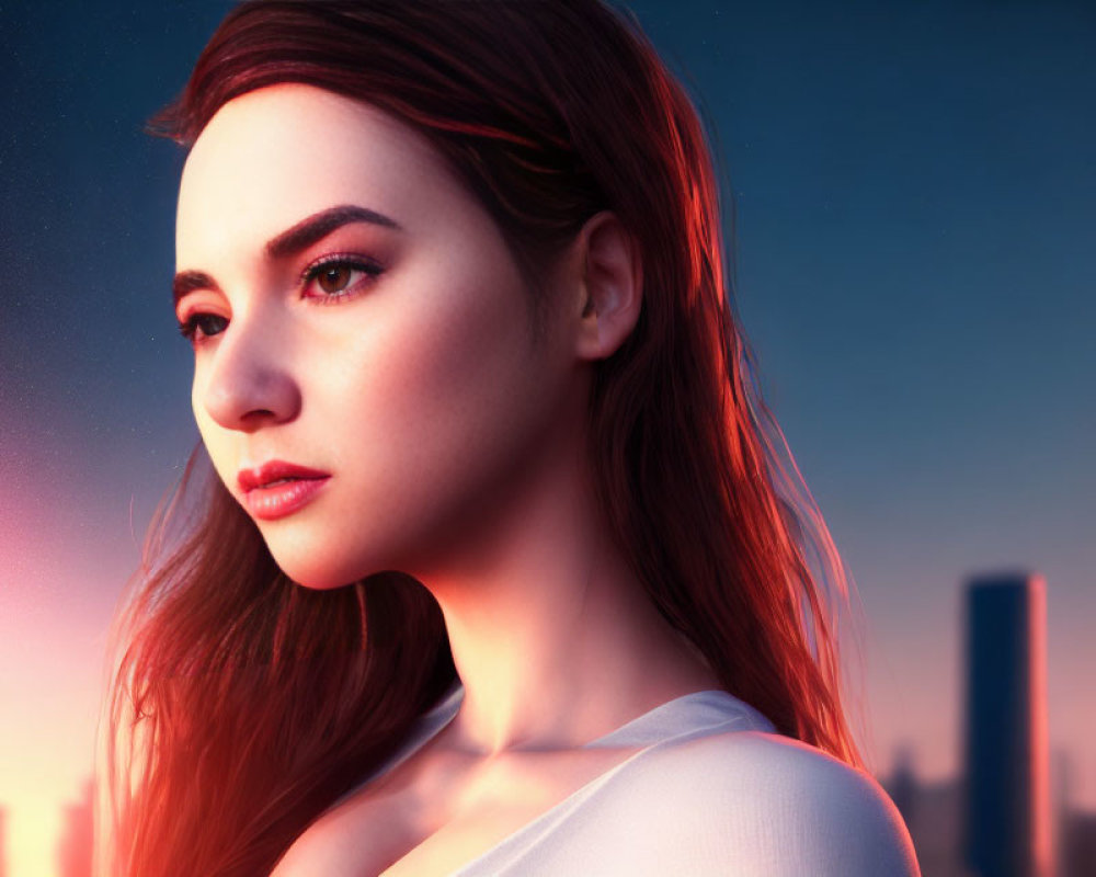 Red-haired woman in digital art gazing at city skyline against dusk sky