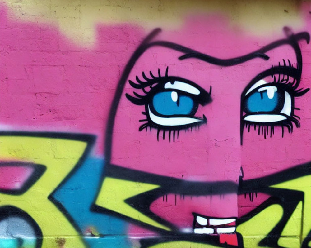 Vibrant street art: cartoonish female eyes on pink background with abstract graffiti shapes