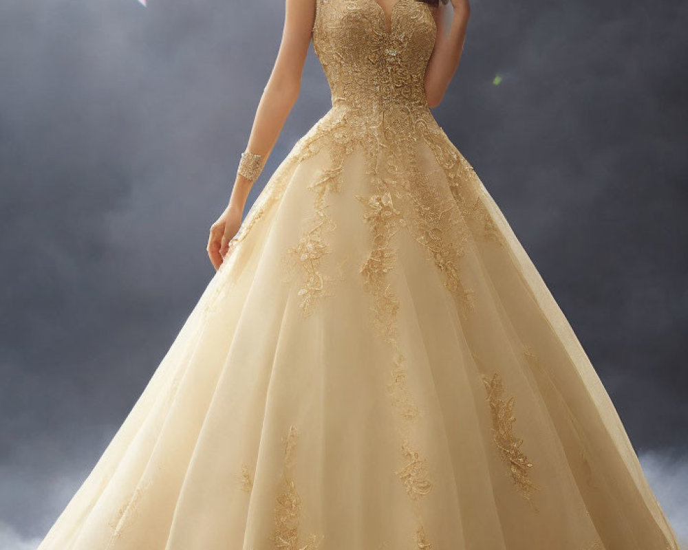 Elegant off-the-shoulder golden embroidered ball gown under dramatic sky