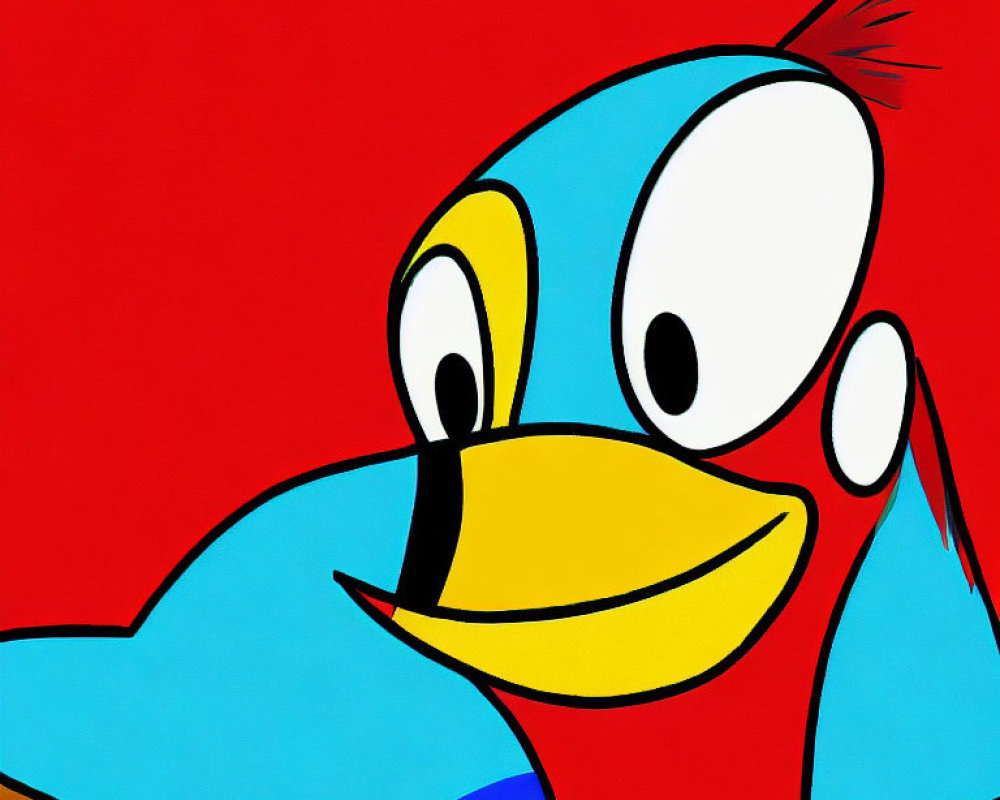 Vibrant cartoon bird with blue feathers and yellow beak on red backdrop