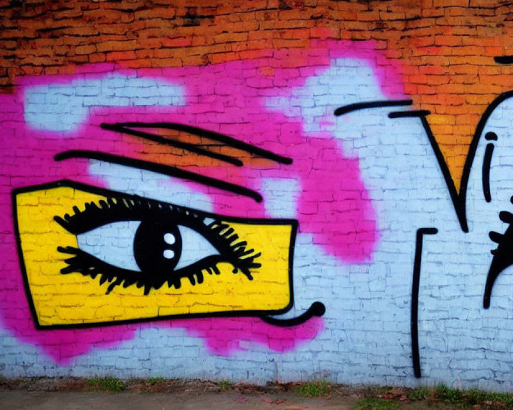 Vibrant eye graffiti with pink and yellow colors on brick wall