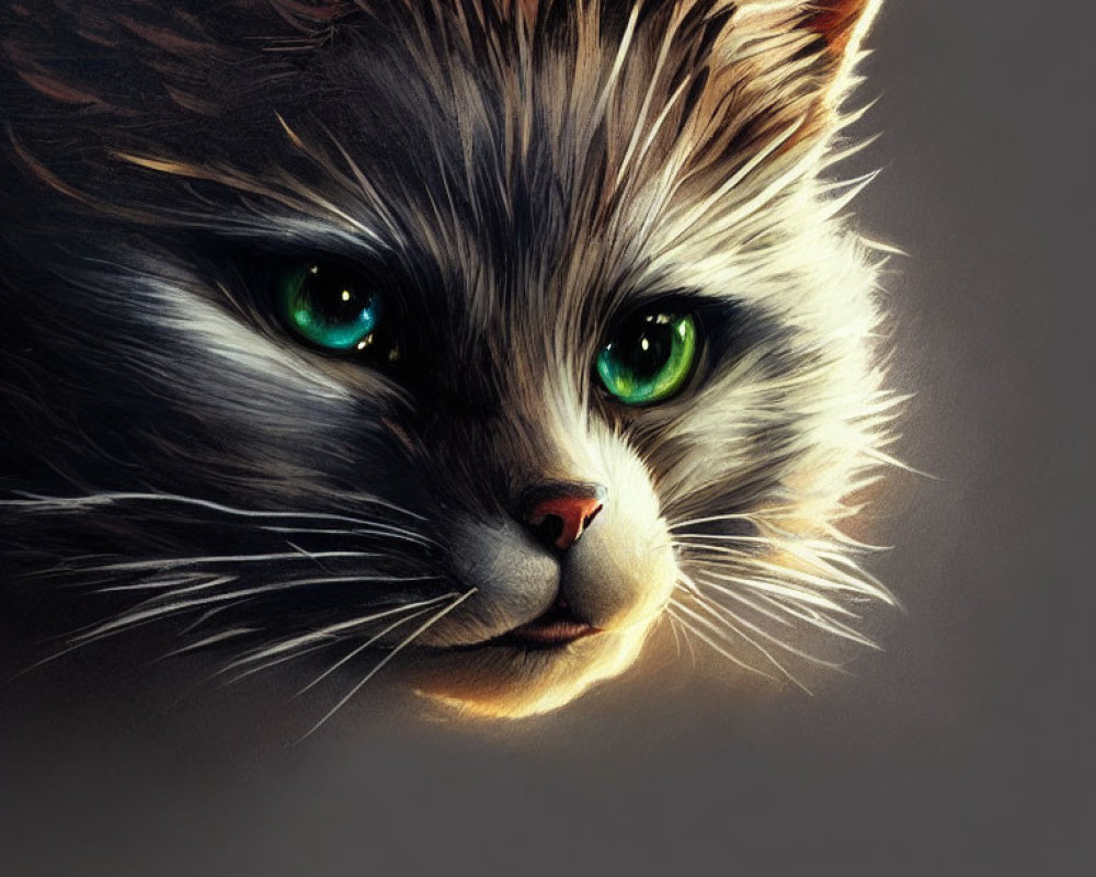 Detailed close-up of a cat with striking green eyes and textured fur