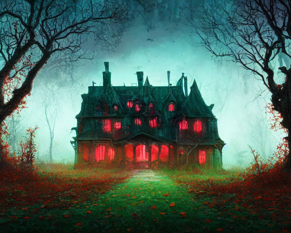 Spooky Victorian house with red glowing windows in foggy setting