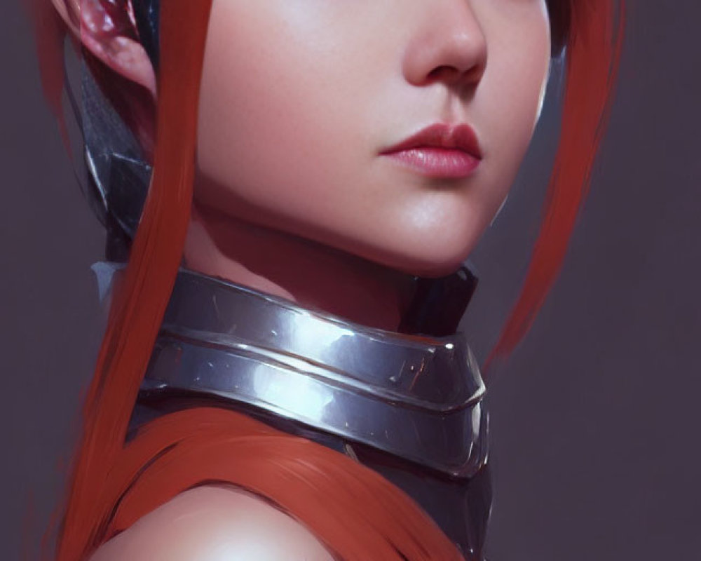 Digital artwork: Female character with red hair, crimson eyes, and silver armor