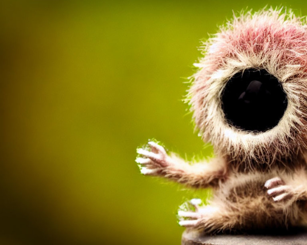 Fluffy, Wide-Eyed Creature Sitting Against Green Background