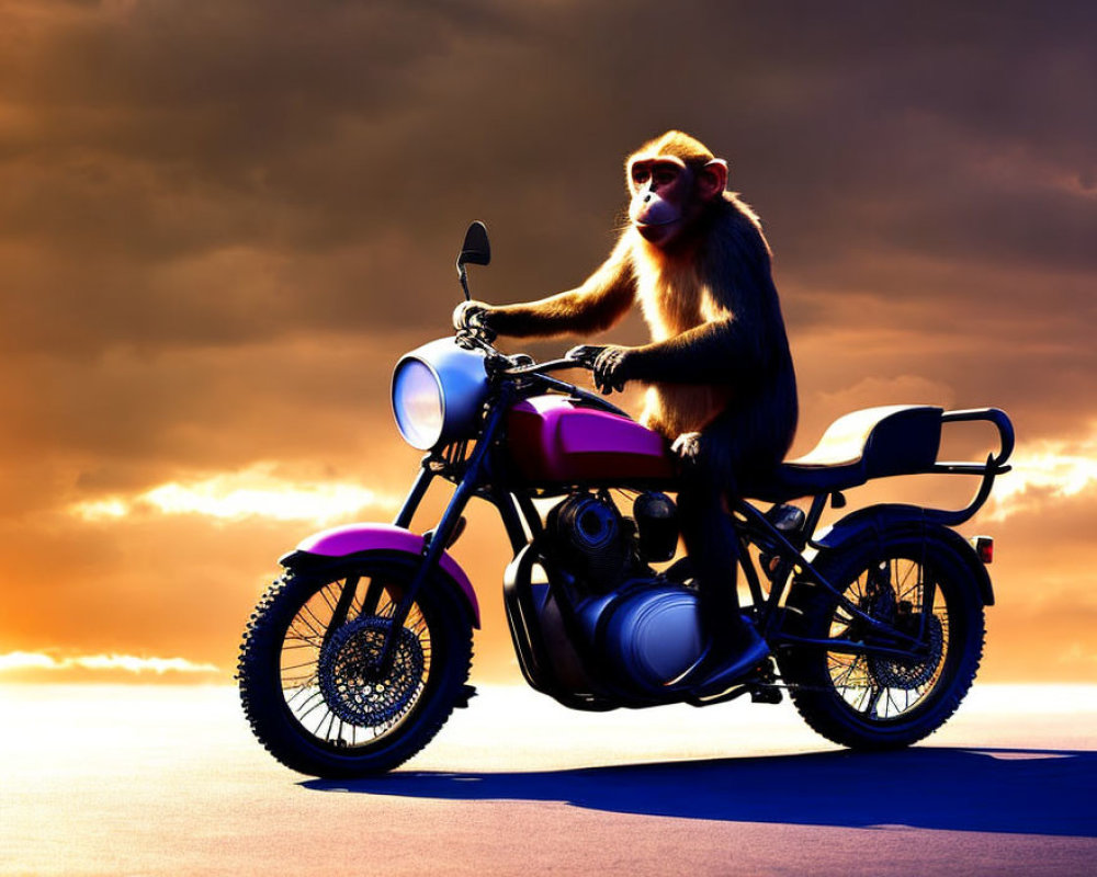 Baboon on Motorcycle with Dramatic Orange Sky