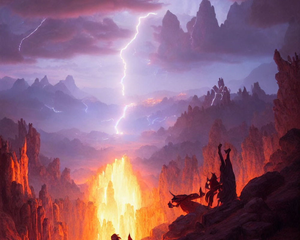 Fantastical landscape with towering rock formations and fiery chasm