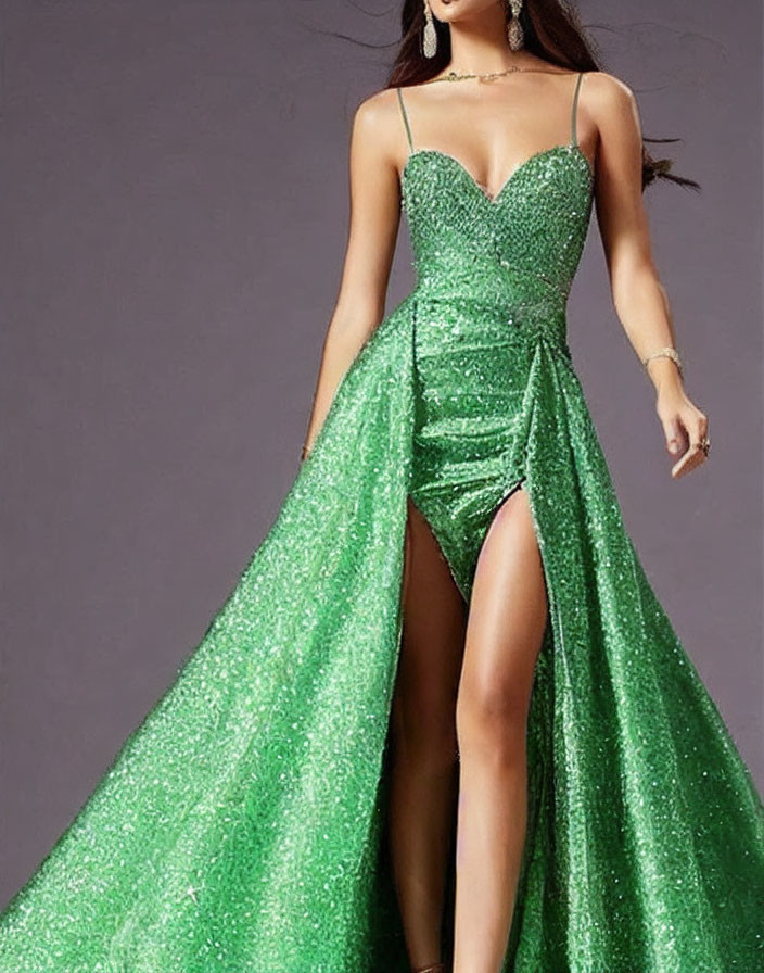 Elegant Woman in Sparkling Green Dress with High Leg Slit