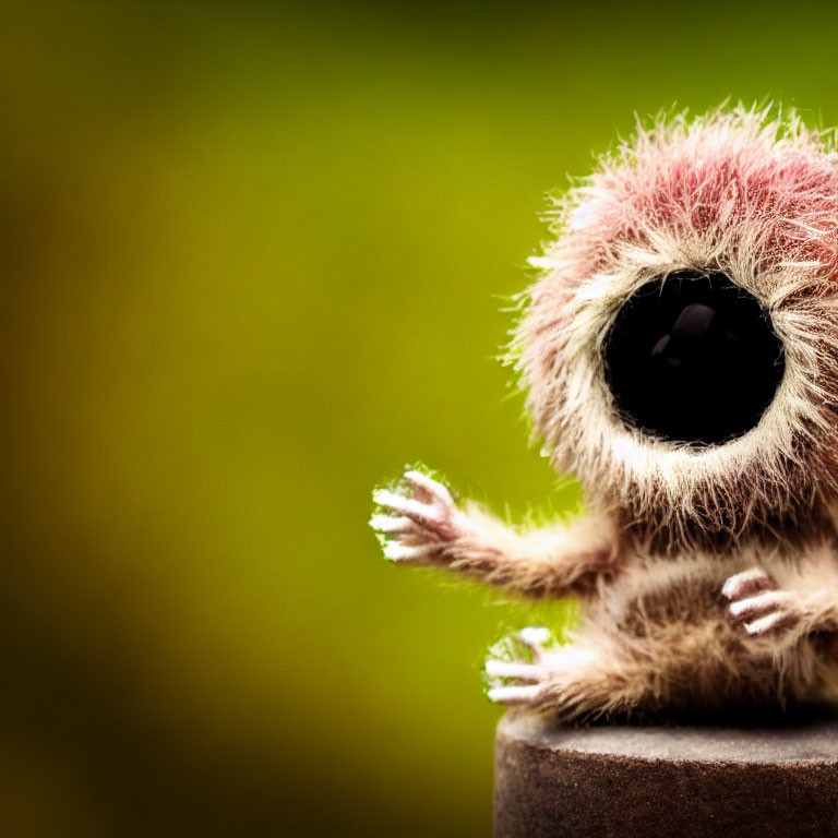 Fluffy, Wide-Eyed Creature Sitting Against Green Background