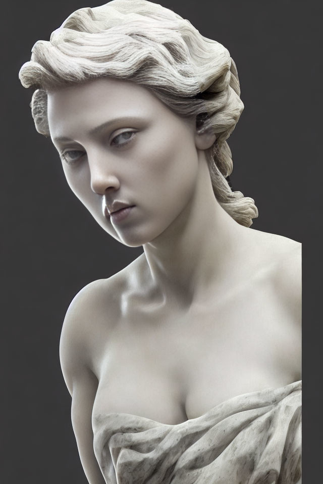 Realistic Woman Sculpture with Intricate Hair and Draped Cloth on Dark Background