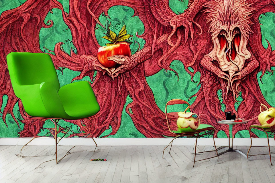 Colorful room with red tree mural, green chairs, white floor & apple sculpture