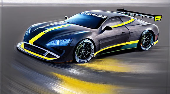 Stylized drawing of a dynamic race car with black and yellow livery