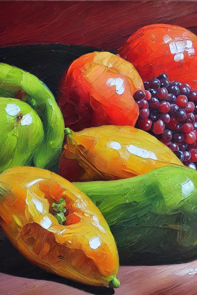 Colorful Fruit Still Life Painting with Brushstrokes and Reflective Highlights