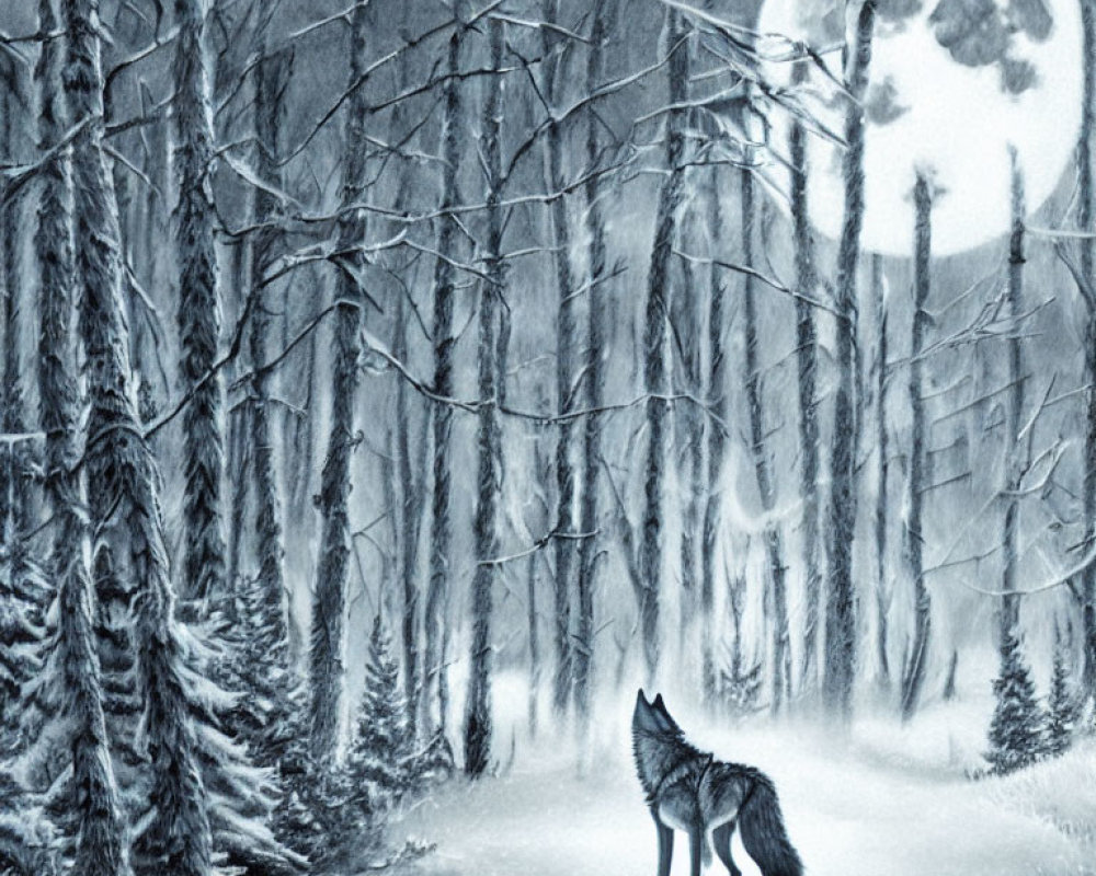 Wolf in Snowy Forest Clearing Under Full Moon