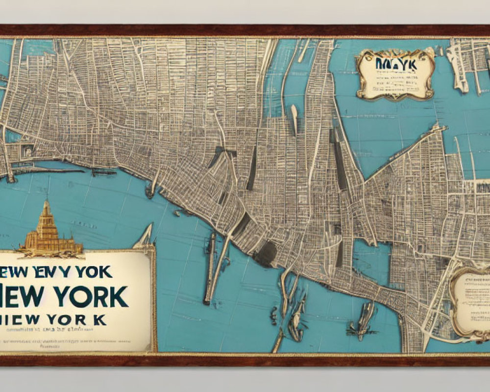 Vintage-Style Map of New York City with Labeled Streets on Blue Background