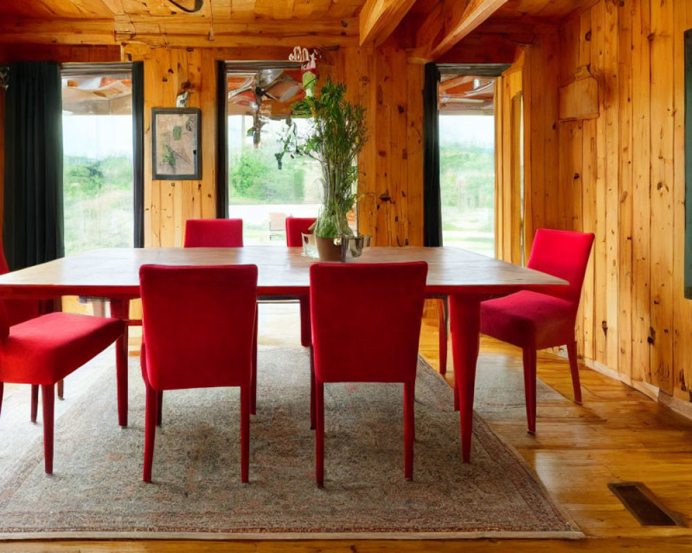 Simple Wooden Dining Room with Red Chairs & Large Windows