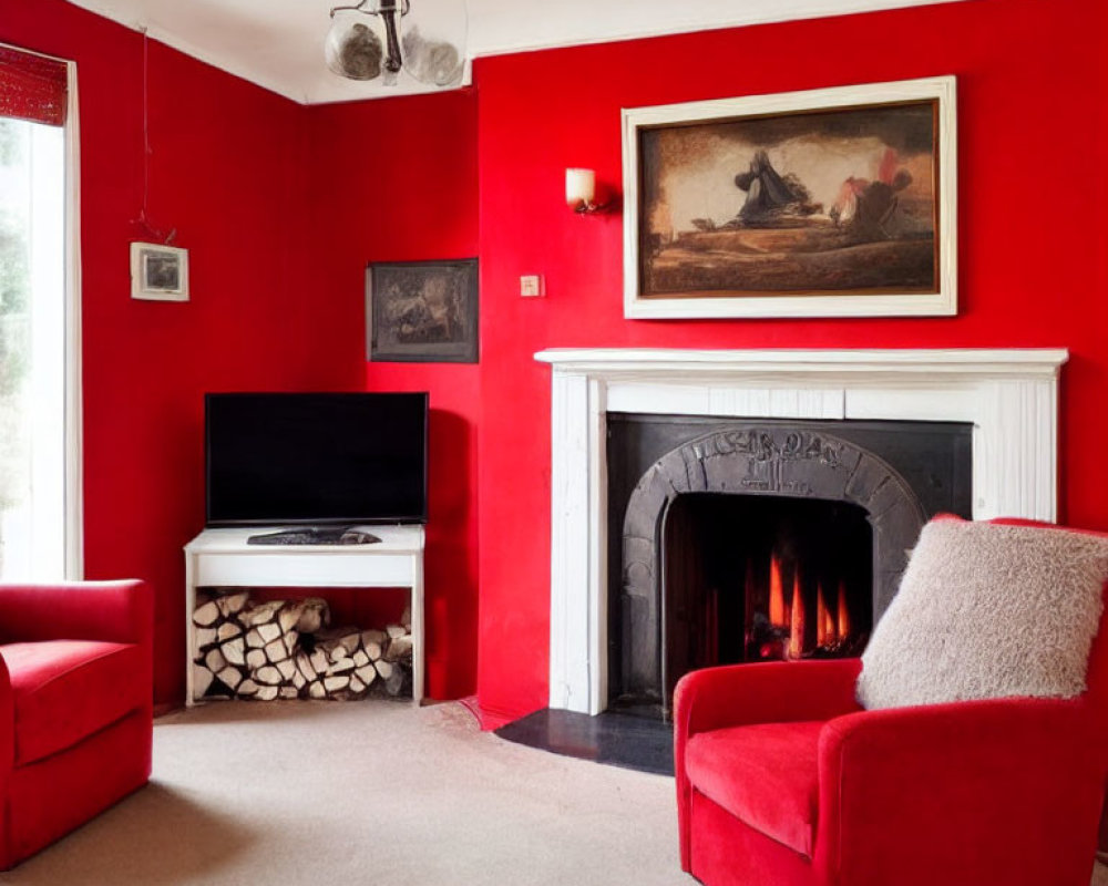 Vibrant red living room with fireplace, armchairs, TV, and painting